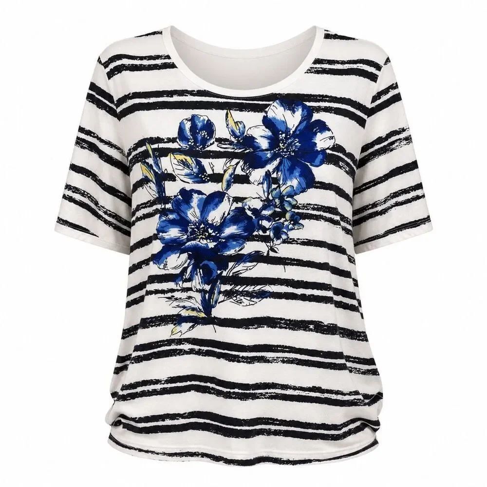 ALIA 3X Scoop Neck Floral Graphic Top Striped Nautical Coastal Casual Chic